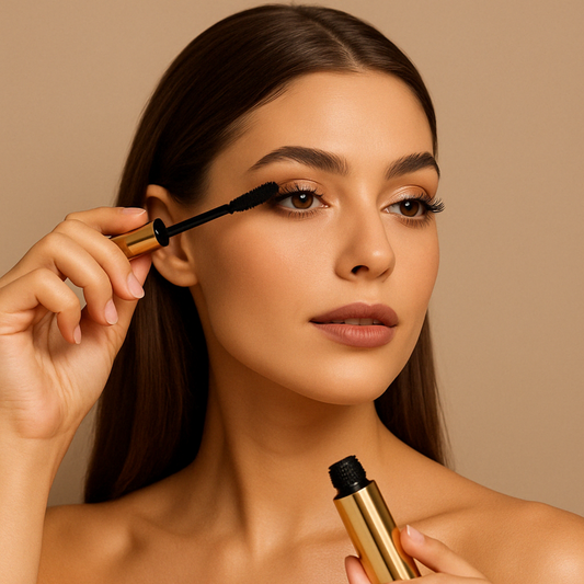 Young woman with long brown hair applying mascara to her upper lashes using a gold-accented wand, with flawless skin and soft beige background