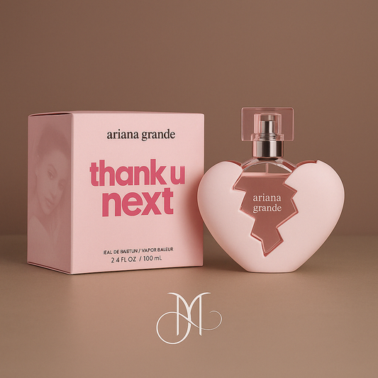 Heart-shaped glass bottle of Ariana Grande’s Thank U, Next Eau de Parfum displayed alone, without the plastic casing, in a clean and elegant setting

