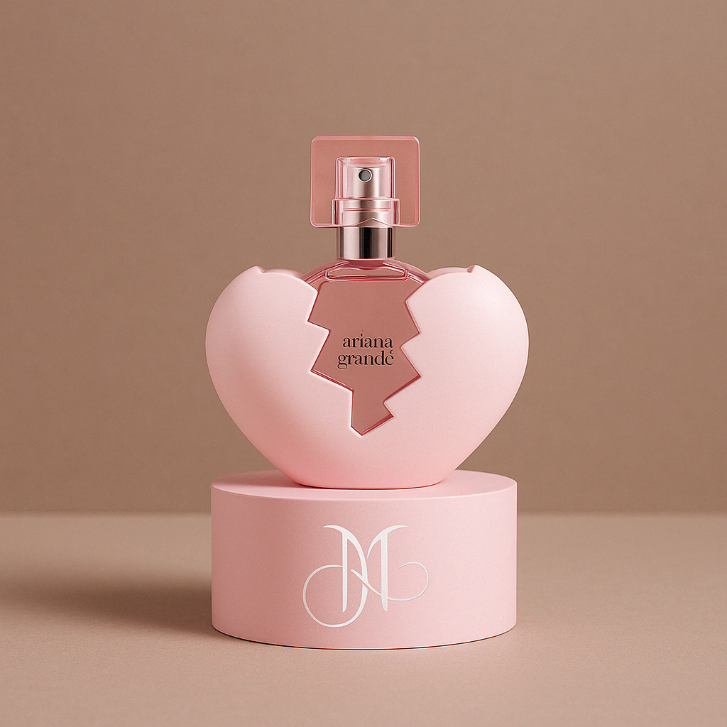 Pink heart-shaped bottle of Ariana Grande’s Thank U, Next Eau de Parfum placed on a matching cylindrical base, styled in a clean, elegant Amorya-themed setting