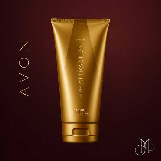 Avon Attraction For Her body lotion in a sleek golden tube, presented on a luxurious burgundy-bronze background for exclusive Amorya visual identity.