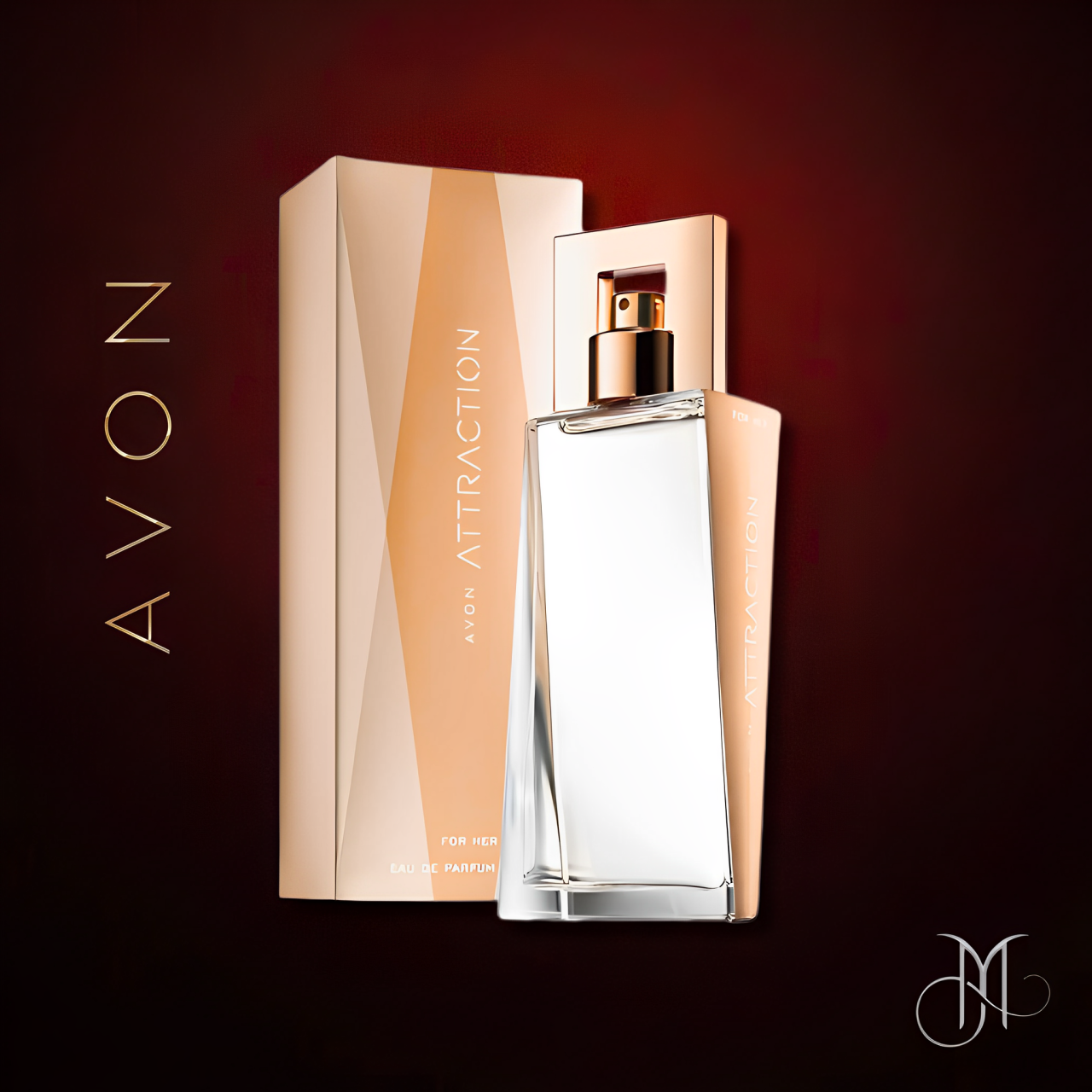 Avon Attraction For Her perfume bottle with its matching golden box on a deep burgundy-bronze background, ready for Amorya branding and exclusive presentation.