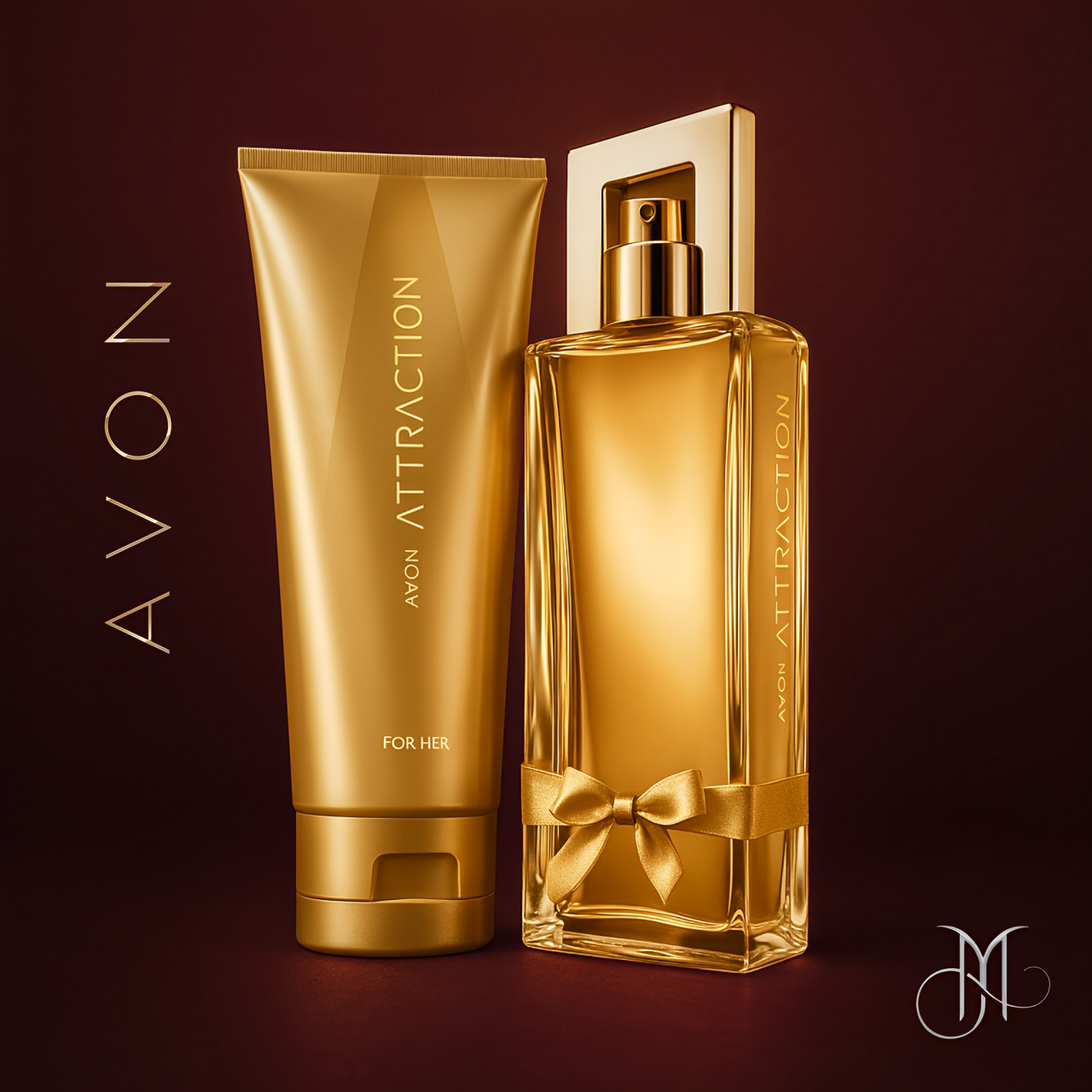 Avon Attraction fragrance and body lotion gift set in radiant gold, displayed on a luxurious burgundy-bronze background with Amorya's exclusive branding touch.