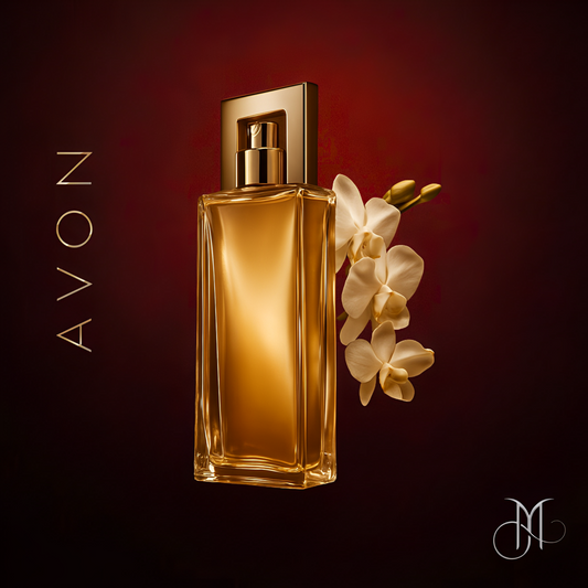 Elegant Avon Attraction perfume bottle with white orchid flowers on a rich burgundy-bronze background, styled for Amorya’s signature visual identity.