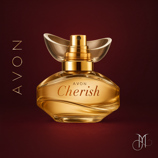 Avon Cherish perfume in a golden bottle with elegant curves, displayed on a luxurious burgundy-bronze background for Amorya’s exclusive branding.