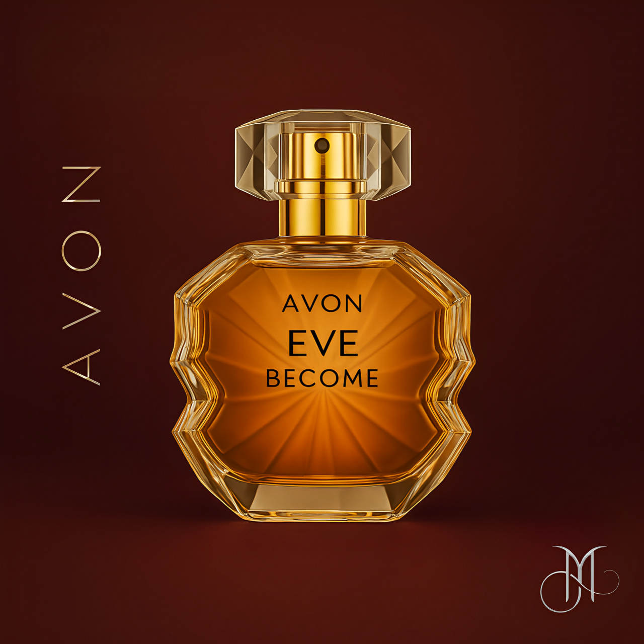 Avon Eve Become perfume in a luxurious amber crystal-cut bottle, centered on a burgundy-bronze background with Amorya branding for a premium finish.