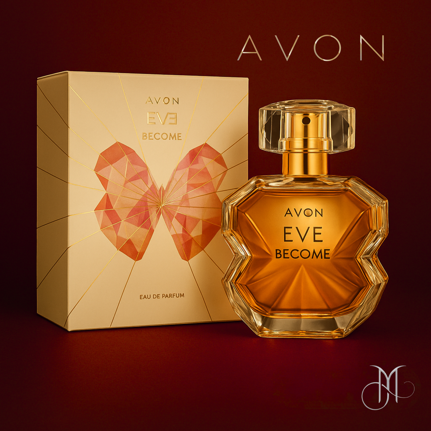 Avon Eve Become Eau de Parfum and box, featuring a geometric butterfly heart design on a luxurious burgundy-bronze background styled for Amorya exclusivity.