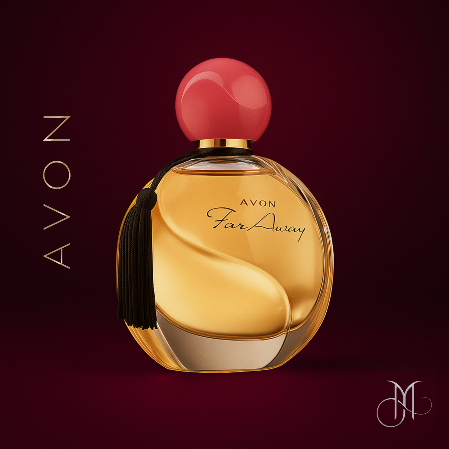 Avon Far Away perfume bottle with red cap and black tassel, displayed on a luxurious deep burgundy-bronze background for Amorya’s exclusive brand styling.