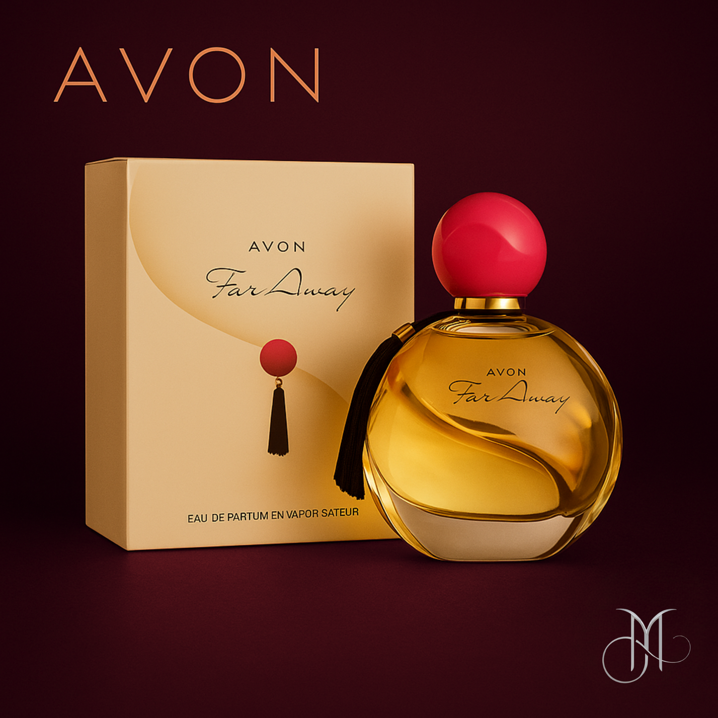  Avon Far Away Eau de Parfum bottle and matching gold box with red tassel accent, set on a luxurious burgundy-bronze background designed for Amorya branding.