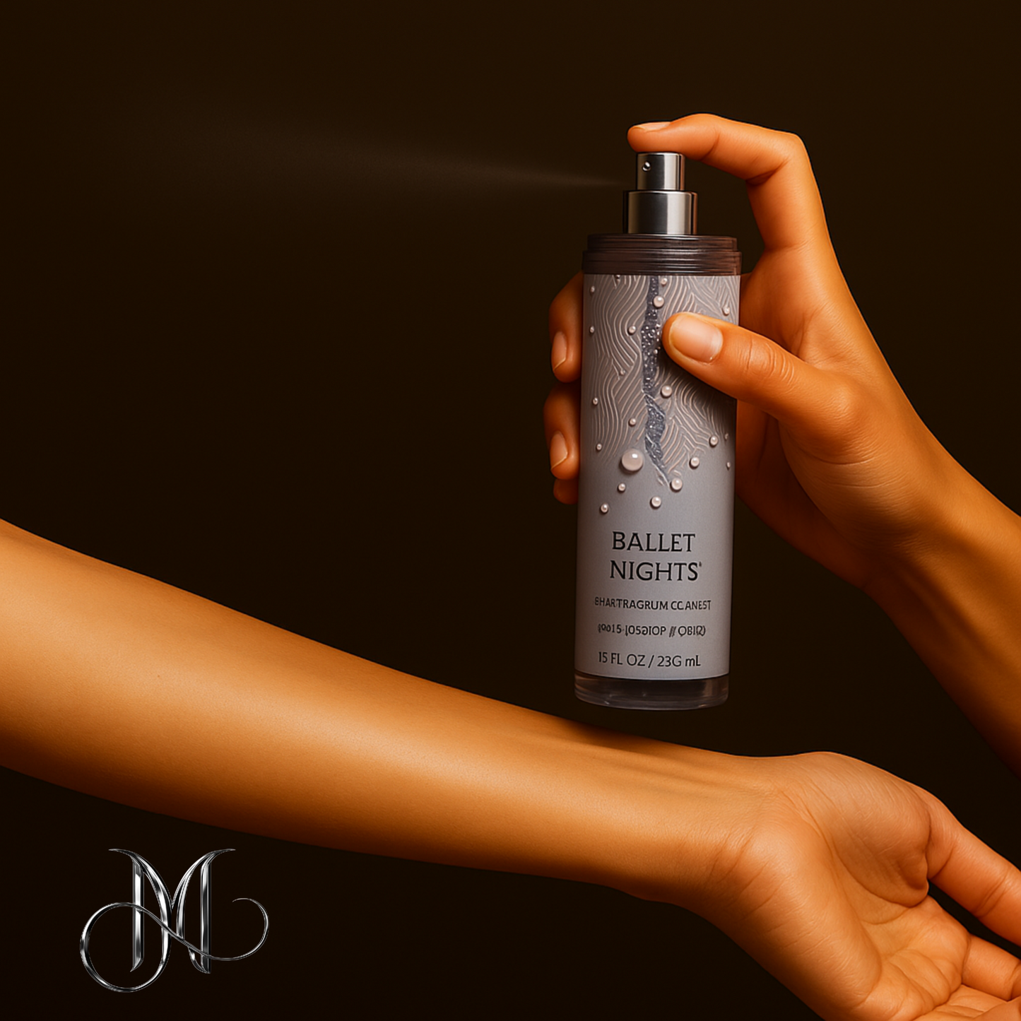 Woman applying Ballet Nights Fine Fragrance Mist on her arm, featuring Amorya logo over a dark bronze background