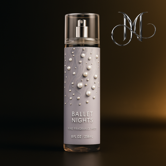 Standalone Ballet Nights fragrance bottle on gradient dark bronze background with Amorya branding