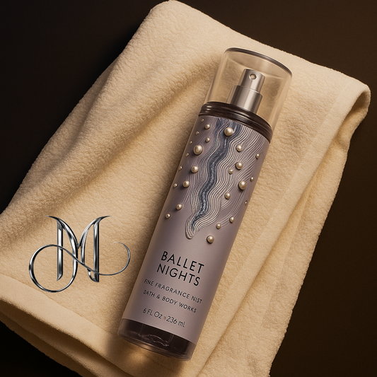 Ballet Nights fragrance mist bottle resting on a cream towel with Amorya logo and soft bronze lighting