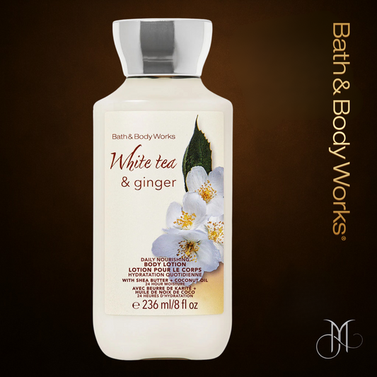 Bath & Body Works White Tea & Ginger Body Lotion 236ml bottle on a rich bronze background, featuring white blossoms, designed for Amorya presentation.