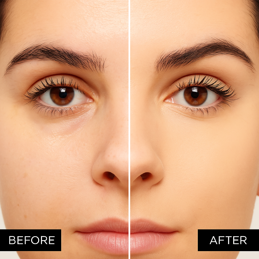 Side-by-side comparison of a woman's face showing visible improvement in skin tone and coverage after applying L'Oréal Paris Infallible Full Wear 24H Concealer, highlighting smoother, brighter under-eyes and an even complexion