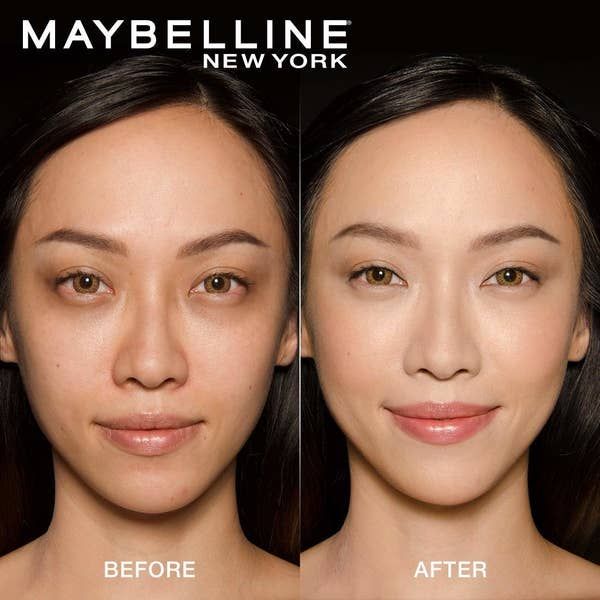 A side-by-side image of a model's face before and after applying Maybelline Super Stay Active Wear Concealer, showcasing improved skin tone, coverage, and a smooth matte finish