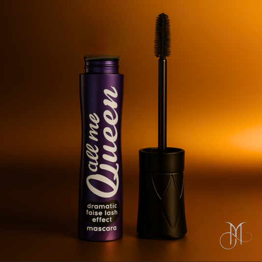Purple and black "Call Me Queen" mascara with dramatic false lash effect, showcased on a rich bronze background styled for Amorya branding.
