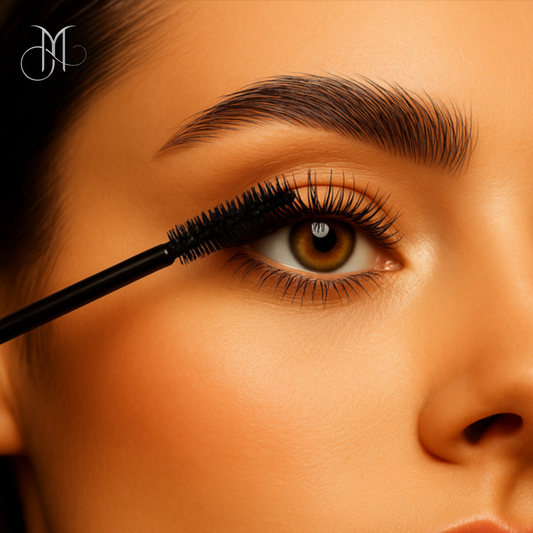Close-up of a model applying Call Me Queen mascara, showcasing voluminous lashes and a dramatic false lash effect, styled with Amorya elegance.