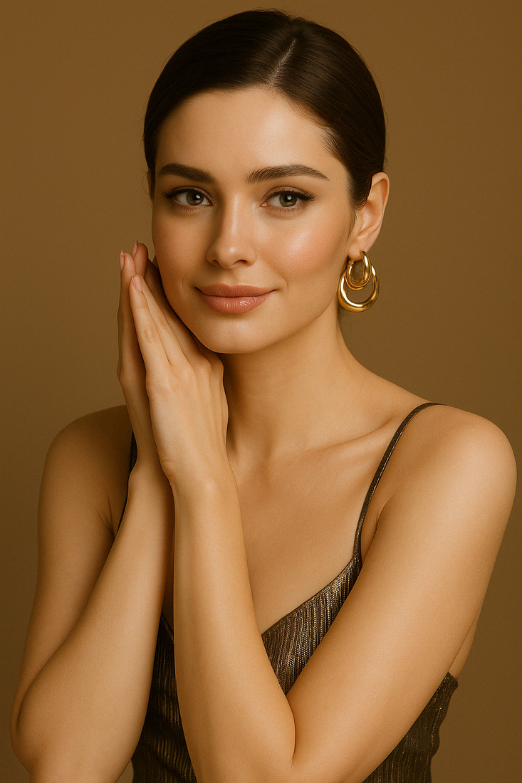 Portrait of a young woman with flawless skin and styled brunette hair, wearing gold hoop earrings and a shimmering bronze dress, posing gracefully against a warm taupe background

