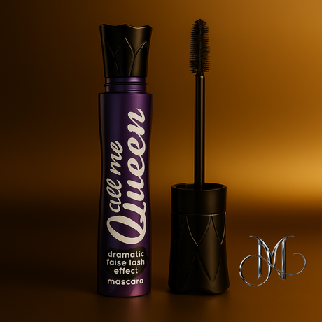 High-resolution image of Essence Call Me Queen mascara opened with wand, standing on a rich bronze background. Features the Amorya logo, highlighting the product as part of the Eye Perfection Collection.