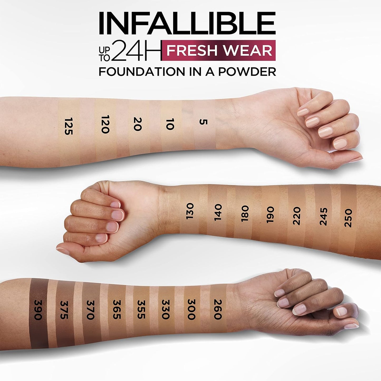 Visual shade guide showing 20 swatches of L'Oréal Paris Infallible 24H Fresh Wear Powder Foundation applied on three arms with varying skin tones, ranging from light (shade 5) to deep (shade 390), under the product branding — created for Amorya’s inclusive beauty presentation