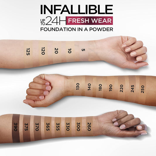 Visual shade guide showing 20 swatches of L'Oréal Paris Infallible 24H Fresh Wear Powder Foundation applied on three arms with varying skin tones, ranging from light (shade 5) to deep (shade 390), under the product branding — created for Amorya’s inclusive beauty presentation