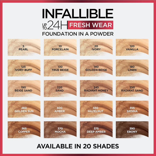 Full shade chart of L'Oréal Paris Infallible 24H Fresh Wear Foundation in a Powder, displaying 20 skin tone-matching shades from light (Pearl, Porcelain) to deep (Mocha, Ebony), with product branding at the top — created for Amorya’s exclusive beauty guide