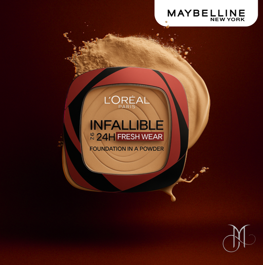 L’Oréal Paris Infallible 24H Fresh Wear Powder Foundation featured against a rich bronze-red background, designed for Amorya branding.