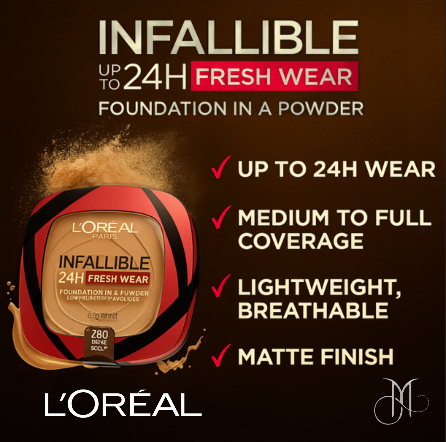 L’Oréal Infallible Powder Foundation in shade 280 Deep Sable with product benefits — long wear, medium-to-full coverage, lightweight texture, matte finish — on a dark bronze backdrop with Amorya branding.