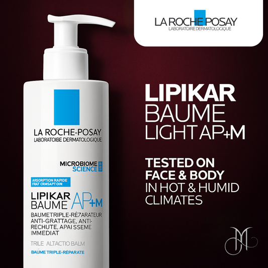  La Roche-Posay Lipikar Baume Light AP+M bottle with microbiome science label, shown on a burgundy background tailored for Amorya branding, suitable for face and body in tropical conditions.