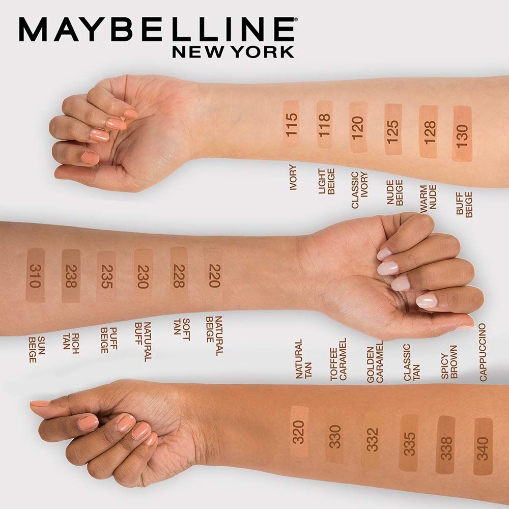 High-resolution image showing arm swatches of Maybelline Fit Me Matte + Poreless Foundation in 18 shades, from Ivory to Cappuccino, displayed on diverse skin tones — designed for Amorya’s inclusive product showcase with space to include brand logo and theme overlays