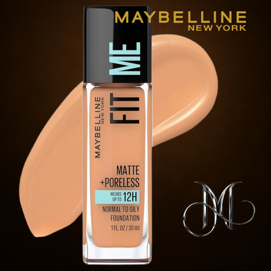 High-resolution image of Maybelline New York Fit Me Matte + Poreless Foundation (30ml) on a rich bronze background, with product swatch and elegant silver Amorya “M” emblem — designed for exclusive use in Amorya’s premium beauty catalog