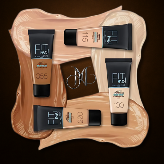 High-resolution composition featuring five Maybelline Fit Me Matte + Poreless foundation tubes in various shades (100, 115, 220, 355), arranged over dynamic foundation swatches on a dark bronze background with an elegant metallic “M” at the center — designed for Amorya's exclusive branding showcase.