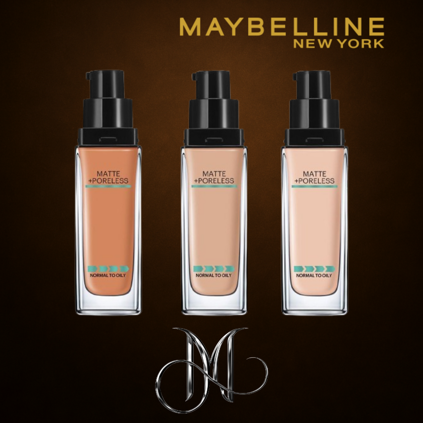 High-resolution image showcasing three Maybelline Fit Me Matte + Poreless foundations in pump bottles, designed for normal to oily skin, set against a dark bronze background with the gold Maybelline logo above and a silver Amorya “M” emblem below — crafted for Amorya’s premium product presentation