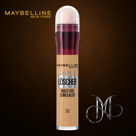 High-resolution image of Maybelline Instant Anti Age Löscher Multi-Use Concealer in shade 00, placed on a rich bronze background with the Amorya logo, ideal for professional product display and marketing