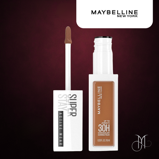 Maybelline Super Stay 30H Concealer with applicator wand on a rich maroon background, styled for Amorya with luxury branding.