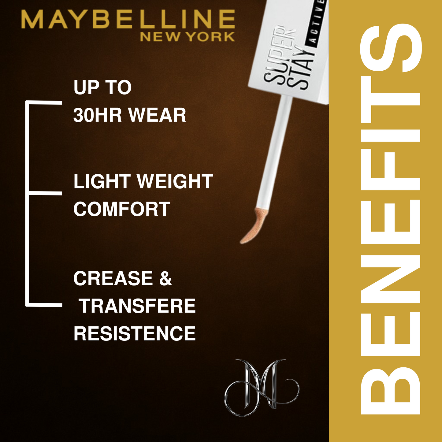 Visual layout highlighting the benefits of Maybelline Super Stay Active Wear foundation, featuring 30HR wear, lightweight comfort, and crease-transfer resistance on a dark bronze background with Amorya branding
