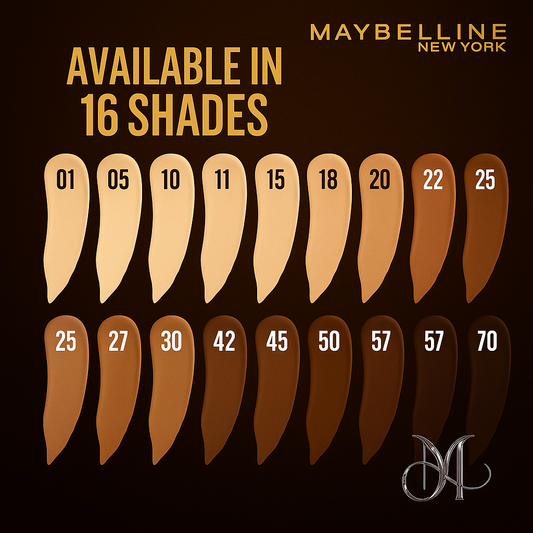 Full shade chart of Maybelline Super Stay Longwear Concealer showing 16 shades from light to deep tones on a dark rich bronze background with Amorya logo