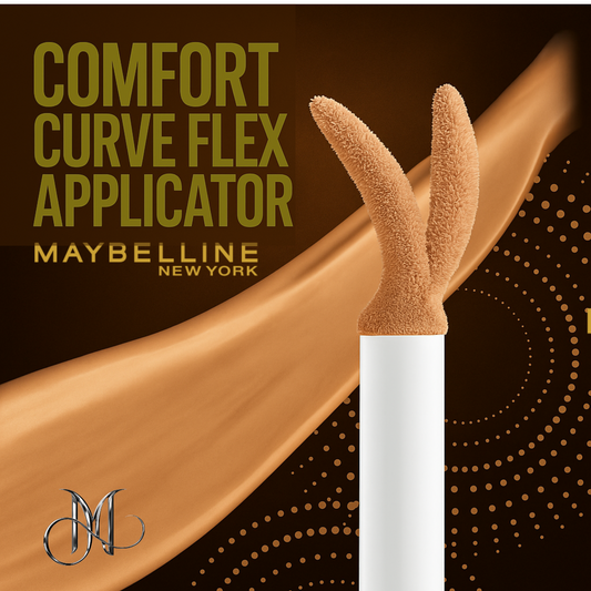 Close-up of Maybelline Super Stay Concealer featuring a dual-tip Comfort Curve Flex Applicator on a rich bronze background, styled with Amorya branding