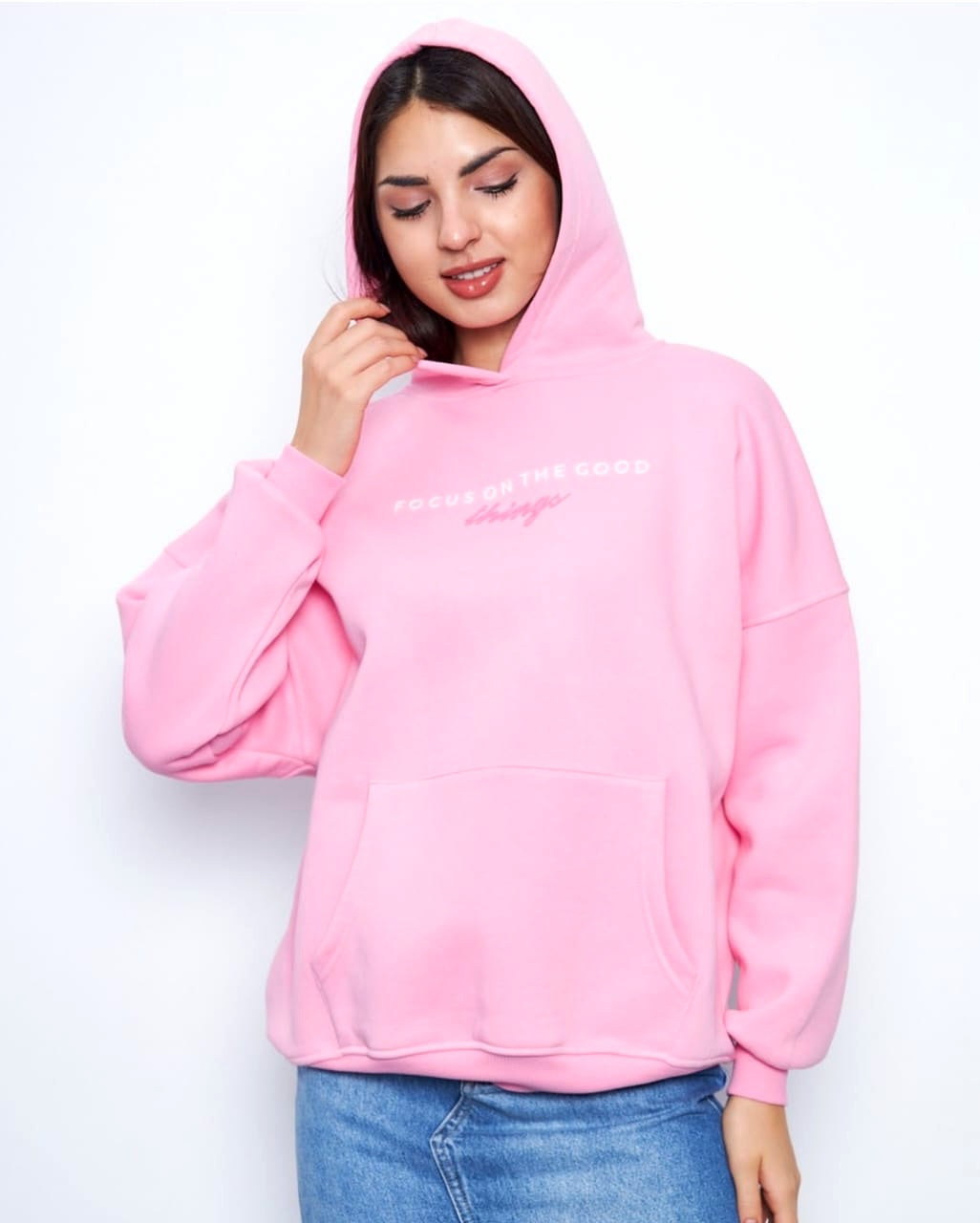 Turkish High-Quality Women Letter Graphic Drop Shoulder Drawstring Hoodie(Focus On The Good Things)