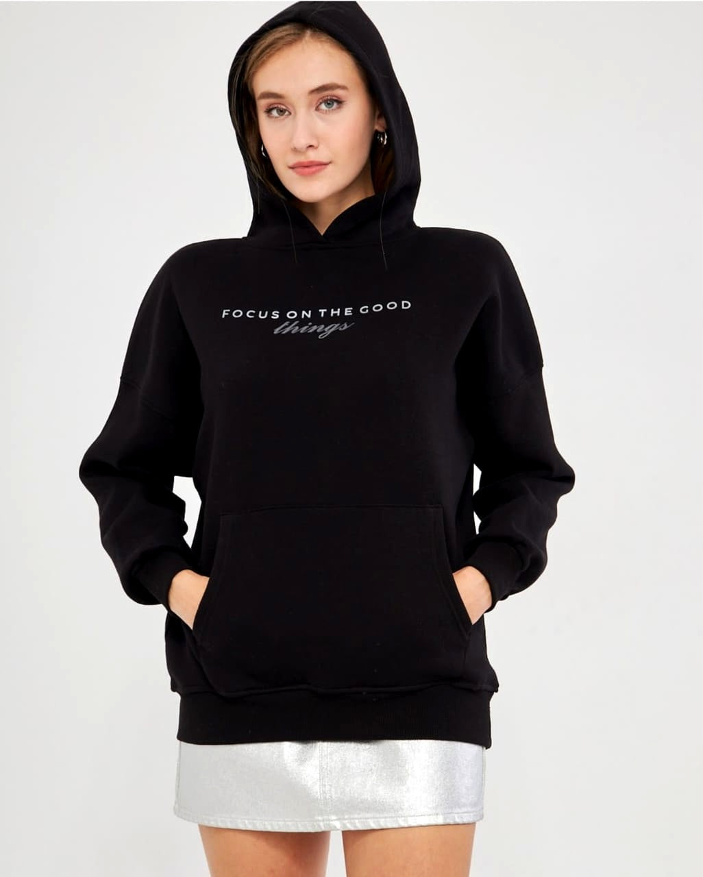 Turkish High-Quality Women Letter Graphic Drop Shoulder Drawstring Hoodie(Focus On The Good Things)