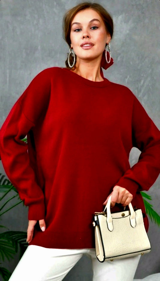 Turkish Elegant Sweater, Deep Red Color, Soft Fabric, Cozy Fit, & Premium Quality [ONE SIZE]