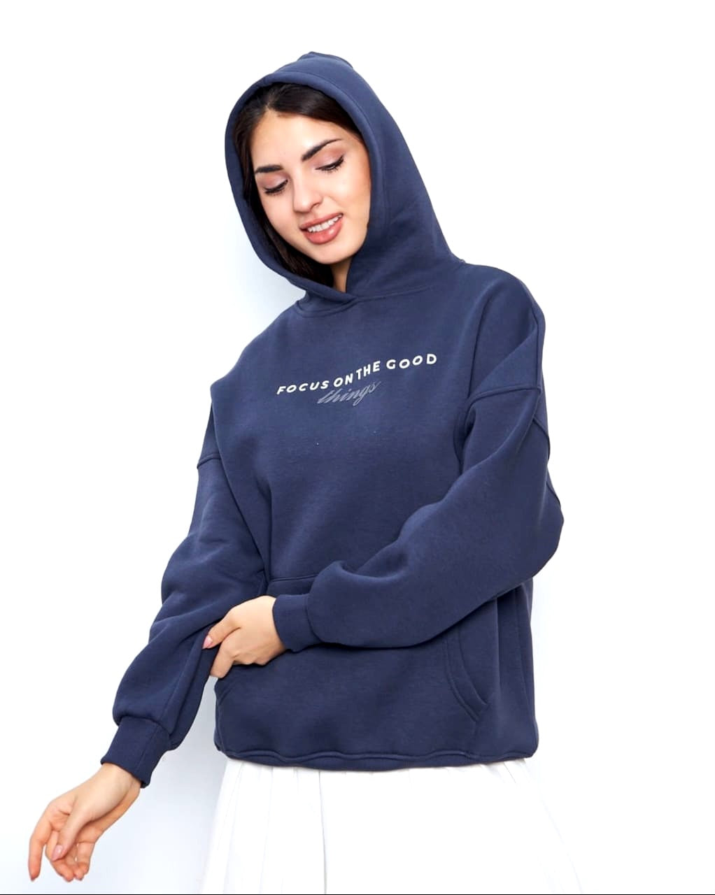 Turkish High-Quality Women Letter Graphic Drop Shoulder Drawstring Hoodie(Focus On The Good Things)