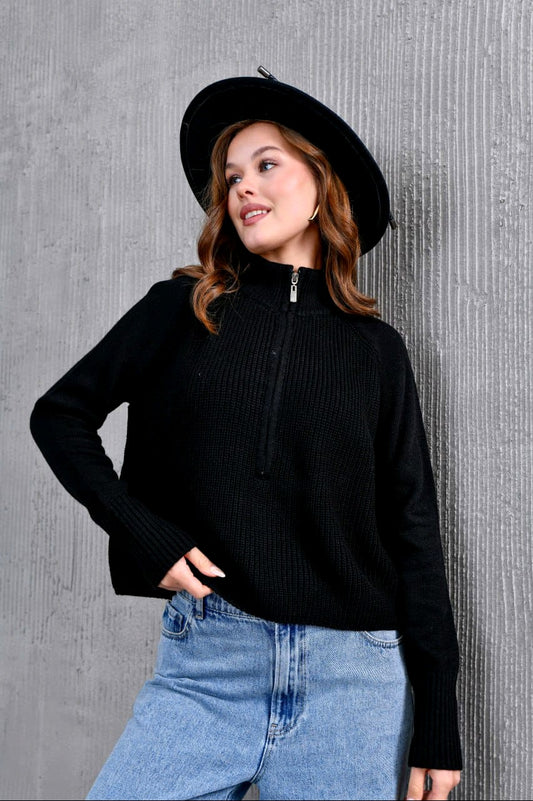 Turkish High-Quality Women Ribbed Knit Half Zipper Drop Shoulder Sweater