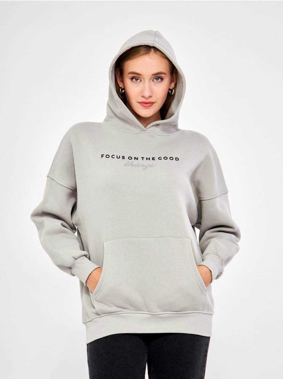 Turkish High-Quality Women Letter Graphic Drop Shoulder Drawstring Hoodie(Focus On The Good Things)